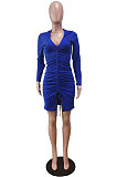 Blue Wholesale Casual Long Sleeve Deep V Neck Ruffle Slit Hooded Dress WY6854-3
