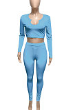 Sky Blue Women Ribber V Collar Long Sleeve Solid Color Bodycon Jumpsuits Pants Sets Q979-5