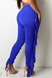 Bright Blue Women Fashion Solid Color Sexy Tassel Mid Waist Long Pants WMZ2683-4