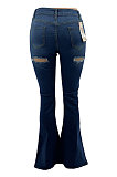 Blue Casual High Waist Hole Slit Jean Flare Pants SZS1001