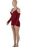 Black Women Pure Color Off Shoulder V Collar Bandage Drawsting Long Sleeve Mini Dress WMZ2680-1