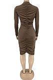 Brown Sexy Elegunt Long Sleeve Lapel Neck Front Button Ruffle Hip Dress DN8641-3