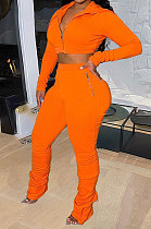 Orange Women Pure Color Cardigan Hoodie Top Zipper Dew Waist Pants Sets LD81071-3