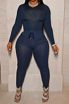 Navy Cyan Simple New Cotton Blend Long Sleeve Round Neck Tops Pencil Pants Plain Color Sets MLL178-1