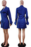 Blue Fashion Preppy Pure Color Horn Sleeve Single-Breasted Collect Waist Shirts Dress WY6861-1