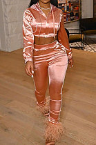 Pink Winter Women Solid Color Hoodie Top Long Sleeve Zipper Dew Waist Sexy Smooth Cloth Pants Sets LD81069-2