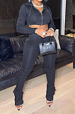 Gray Women Pure Color Cardigan Hoodie Top Zipper Dew Waist Pants Sets LD81071-1