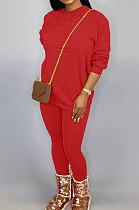 Red Women Long Sleeve Round Collar Pure Color Pants Sets LD86311-1