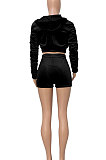 Pink Women Cardigan Short Crop Ruffle Korea Velvet Solid Color Zipper Shorts Sets Q975-1
