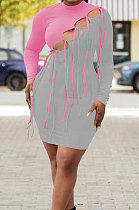 Pink Grey Nigh Club Sexy Spliced Bandage Tassel Long Sleeve High Neck Bodycon Hip Dress HH10010-3