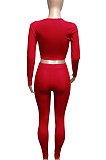 Red Women Ribber V Collar Long Sleeve Solid Color Bodycon Jumpsuits Pants Sets Q979-3