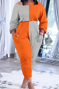 Orange Grey Big Yards Fat Women's Spliced Long Sleeve Oblique Shoulder Collect Waist Hem Ruffle Jumpsuits SXS6073-2