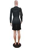 Black Wholesale Casual Long Sleeve Deep V Neck Ruffle Slit Hooded Dress WY6854-2