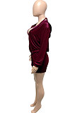 Wine Red Women Pure Color Tank Condole Belt Cardigan Korea Velvet Zipper Pocket Shorts Three Pieces Q976-2