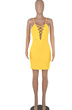 Yellow Euramerican Backless Sexy Condole Belt Tied Hollow Out Mid Waist Tight Mini Dress WMZ2681-4