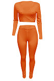 Orange Women Ribber V Collar Long Sleeve Solid Color Bodycon Jumpsuits Pants Sets Q979-2