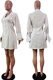 White Fashion Preppy Pure Color Horn Sleeve Single-Breasted Collect Waist Shirts Dress WY6861-3