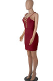 Wine Red Euramerican Backless Sexy Condole Belt Tied Hollow Out Mid Waist Tight Mini Dress WMZ2681-5