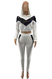 White Casual Sport Sequins Spliced Long Sleeve Hoodie Tops Jogger Pants Sets SZS8191-2