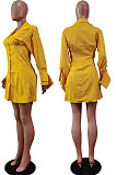Yellow Fashion Preppy Pure Color Horn Sleeve Single-Breasted Collect Waist Shirts Dress WY6861-4