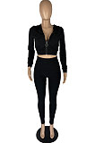 Black Preppy Simple Women's High Elastic Ribber Hoodie Tops Jogger Pants Plain Color Sets YC8056
