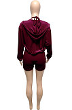 Purple Women Pure Color Tank Condole Belt Cardigan Korea Velvet Zipper Pocket Shorts Three Pieces Q976-3