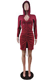 Wine Red Wholesale Casual Long Sleeve Deep V Neck Ruffle Slit Hooded Dress WY6854-1