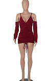 Wine Red Women Pure Color Off Shoulder V Collar Bandage Drawsting Long Sleeve Mini Dress WMZ2680-2