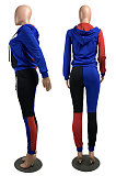 Blue Wholesale New Multicolor Spliced Long Sleeve Zip Hoodie Jogger Pants Sport Sets W8358-3