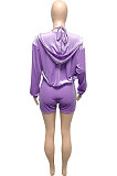 Purple Women Pure Color Tank Condole Belt Cardigan Korea Velvet Zipper Pocket Shorts Three Pieces Q976-3