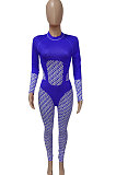 Blue Women Contrast Color Positioning Printing High Waist Bodycon Jumpsuits Q967-3