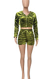 Green Women Cardigan Short Crop Ruffle Korea Velvet Solid Color Zipper Shorts Sets Q975-3