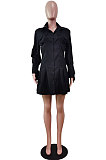 Black Fashion Preppy Pure Color Horn Sleeve Single-Breasted Collect Waist Shirts Dress WY6861-2