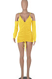 Yellow Women Pure Color Off Shoulder V Collar Bandage Drawsting Long Sleeve Mini Dress WMZ2680-4