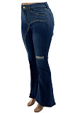 Blue Casual High Waist Hole Slit Jean Flare Pants SZS1001