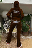 Brown Women Autumn Winter Pleuche Hoodie Top Zipper Back Hot Drilling Letters Pure Color Casual Pants Sets LD81062-2