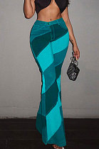 Lake Blue Modest New Matching Color Spliced Flare Pants SZS1002-1