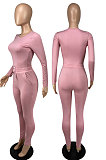 Pink Simple New Cotton Blend Long Sleeve Round Neck Tops Pencil Pants Plain Color Sets MLL178-2