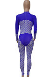 Blue Women Contrast Color Positioning Printing High Waist Bodycon Jumpsuits Q967-3