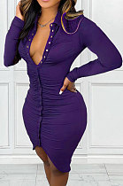 Purple Sexy Elegunt Long Sleeve Lapel Neck Front Button Ruffle Hip Dress DN8641-1