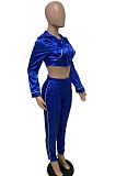 Blue Winter Women Solid Color Hoodie Top Long Sleeve Zipper Dew Waist Sexy Smooth Cloth Pants Sets LD81069-1