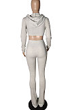 Gray Women Pure Color Cardigan Hoodie Top Zipper Dew Waist Pants Sets LD81071-1