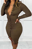 Brown Sexy Elegunt Long Sleeve Lapel Neck Front Button Ruffle Hip Dress DN8641-3