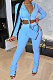 Blue Women Pure Color Cardigan Hoodie Top Zipper Dew Waist Pants Sets LD81071-5