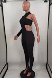 Black Fashion Sexy Ribber Pure Color  Strapless&One Sleeve Tops Slit Skinny Pants Three Piece HH10011-1
