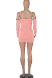 Pink Women Pure Color Off Shoulder V Collar Bandage Drawsting Long Sleeve Mini Dress WMZ2680-3