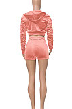 Pink Women Cardigan Short Crop Ruffle Korea Velvet Solid Color Zipper Shorts Sets Q975-1