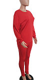 Red Women Long Sleeve Round Collar Pure Color Pants Sets LD86311-1