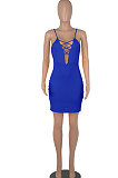 Bright Blue Euramerican Backless Sexy Condole Belt Tied Hollow Out Mid Waist Tight Mini Dress WMZ2681-6