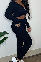 Black Preppy Simple Women's High Elastic Ribber Hoodie Tops Jogger Pants Plain Color Sets YC8056